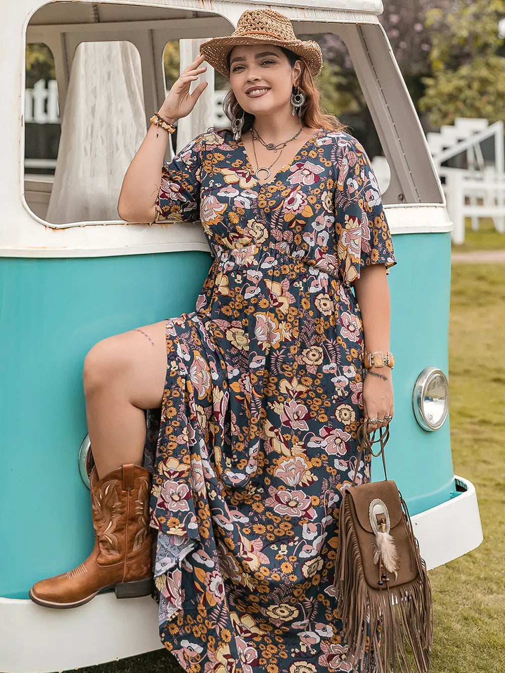 Floral V-Neck Short Sleeve Slit Dress - Blushé Belle