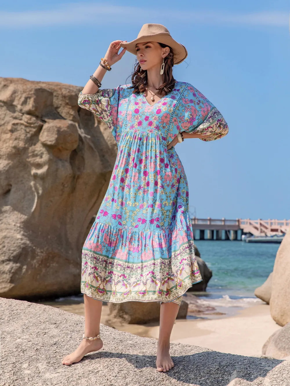 Printed Puff Sleeve Ruched Midi Dress - Blushé Belle