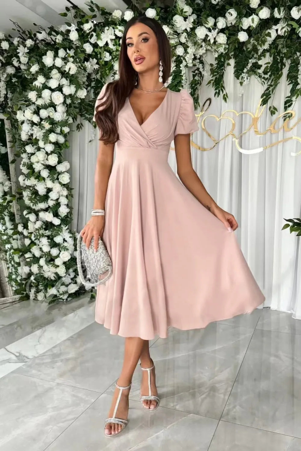Surplice Puff Sleeve Midi Dress - Blushé Belle