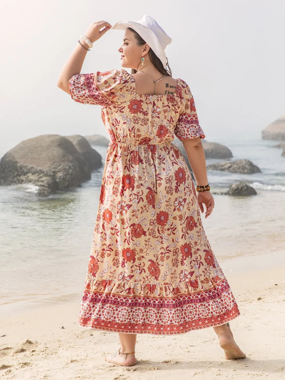 Plus Size Printed Square Neck Ruffle Hem Dress - Blushé Belle