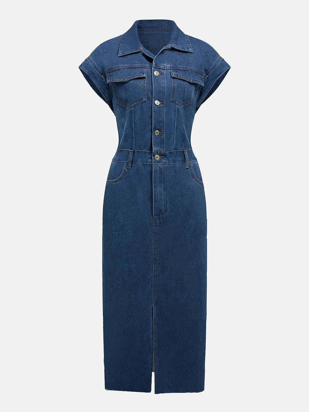 Slit Half Button Collared Neck Cap Sleeve Denim Dress - Blushé Belle