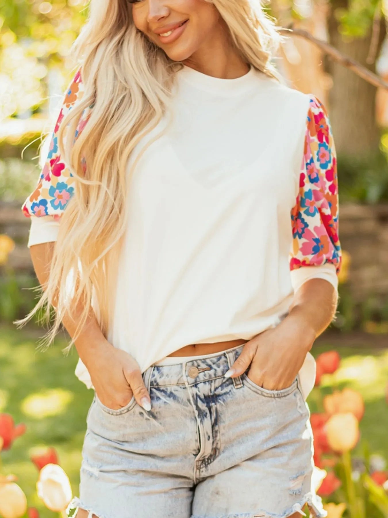 Floral Puff Sleeve Round Neck T-Shirt - Blushé Belle