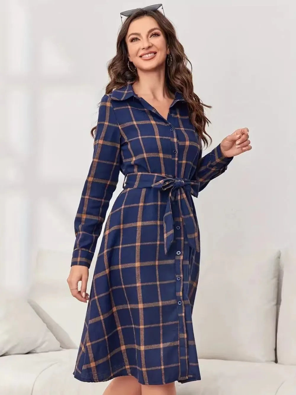 Plaid Tie Waist Long Sleeve Dress - Blushé Belle