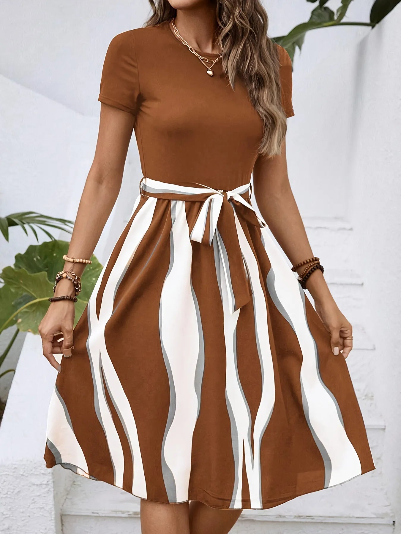 Striped Short Sleeve Tie Waist Dress - Blushé Belle