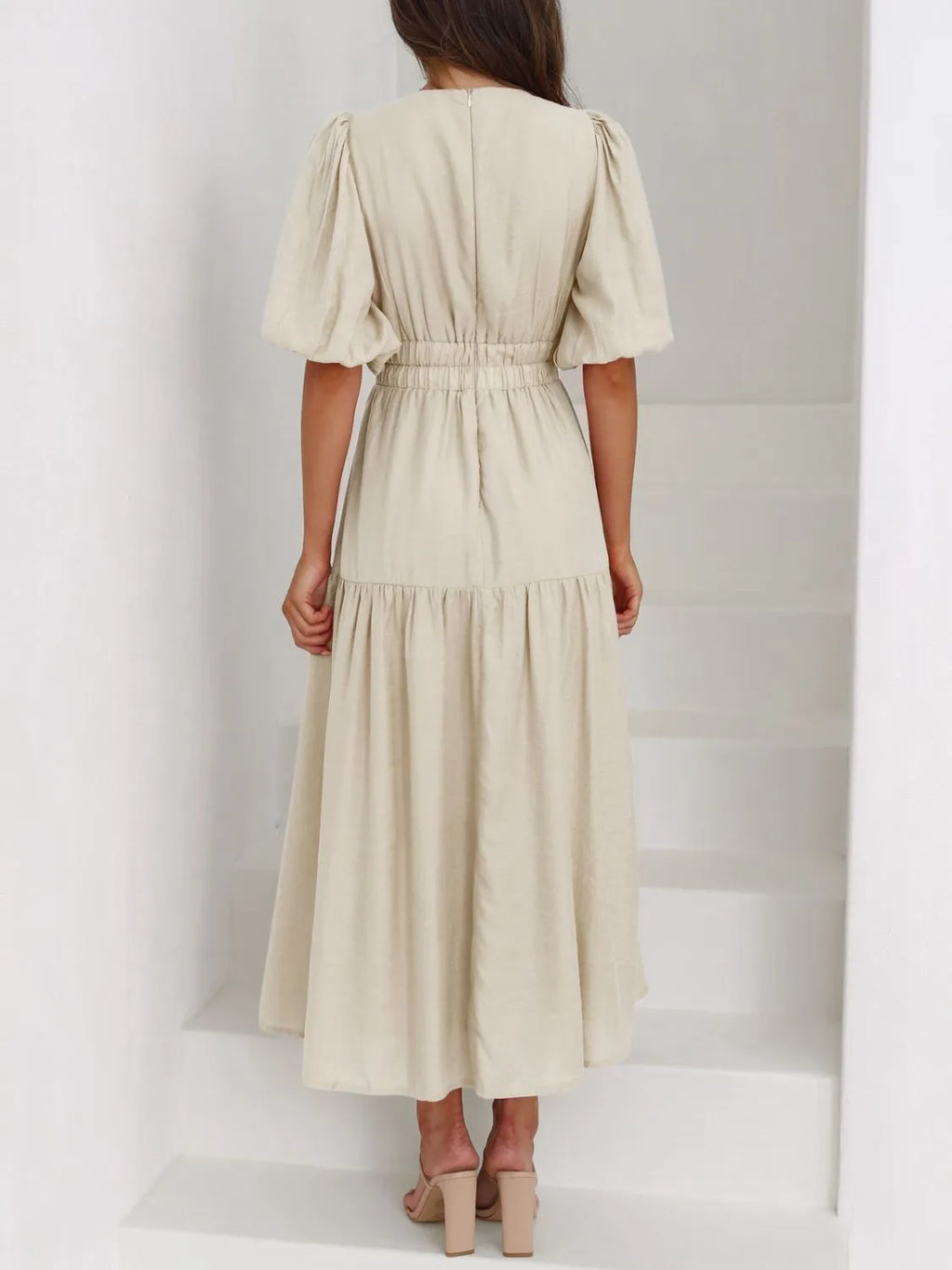 V-Neck Puff Sleeve Midi Dress - Blushé Belle