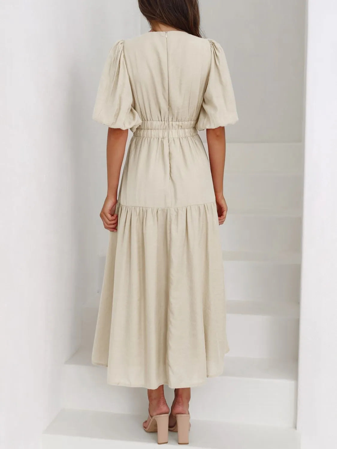 V-Neck Puff Sleeve Midi Dress - Blushé Belle