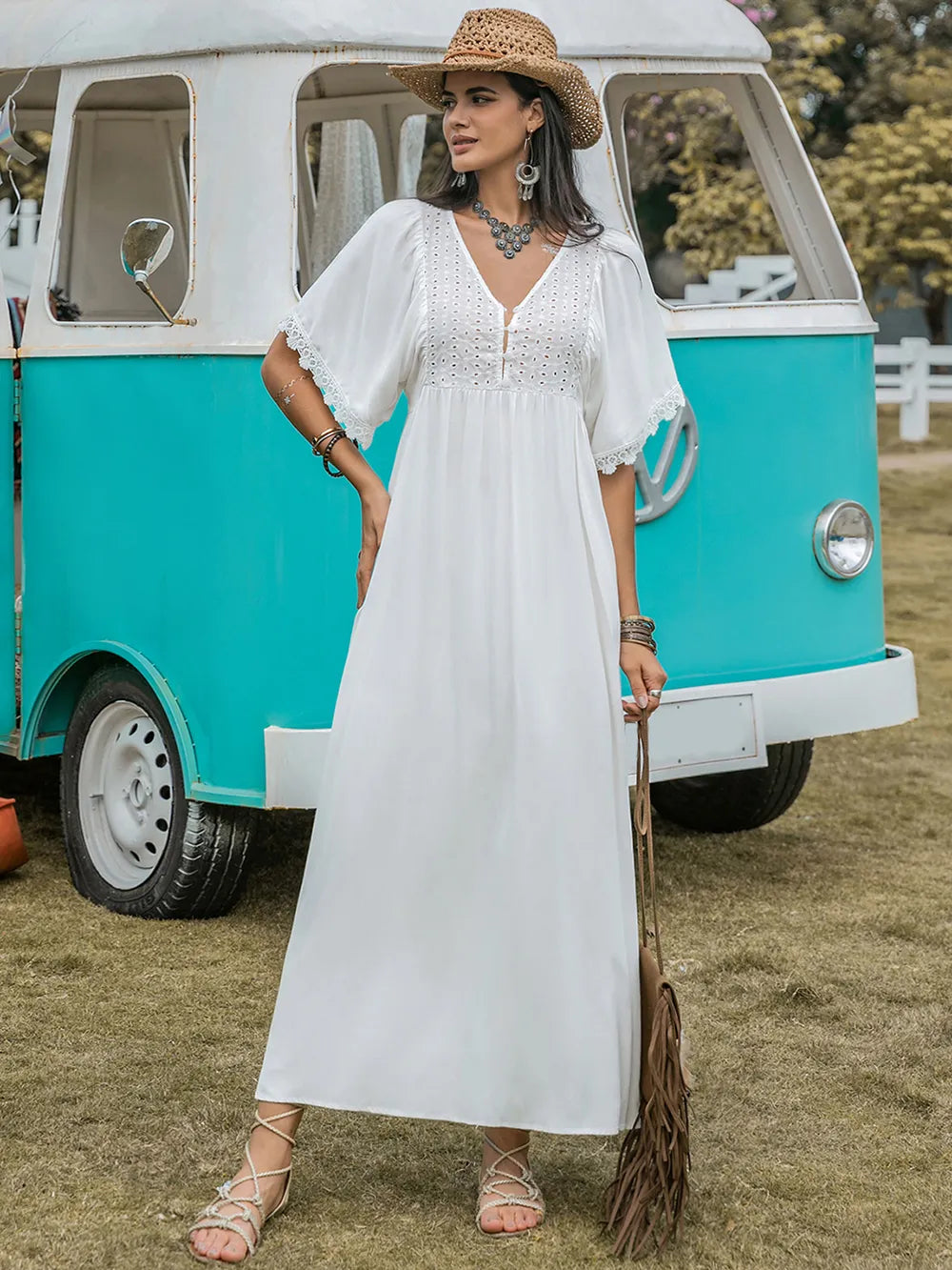 Lace Detail Eyelet V-Neck Half Sleeve Dress - Blushé Belle