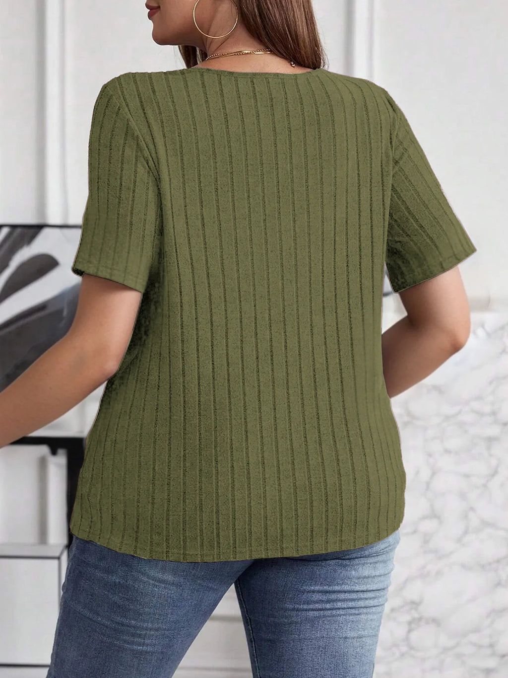 Plus Size V-Neck Short Sleeve Ribbed T-Shirt - Blushé Belle