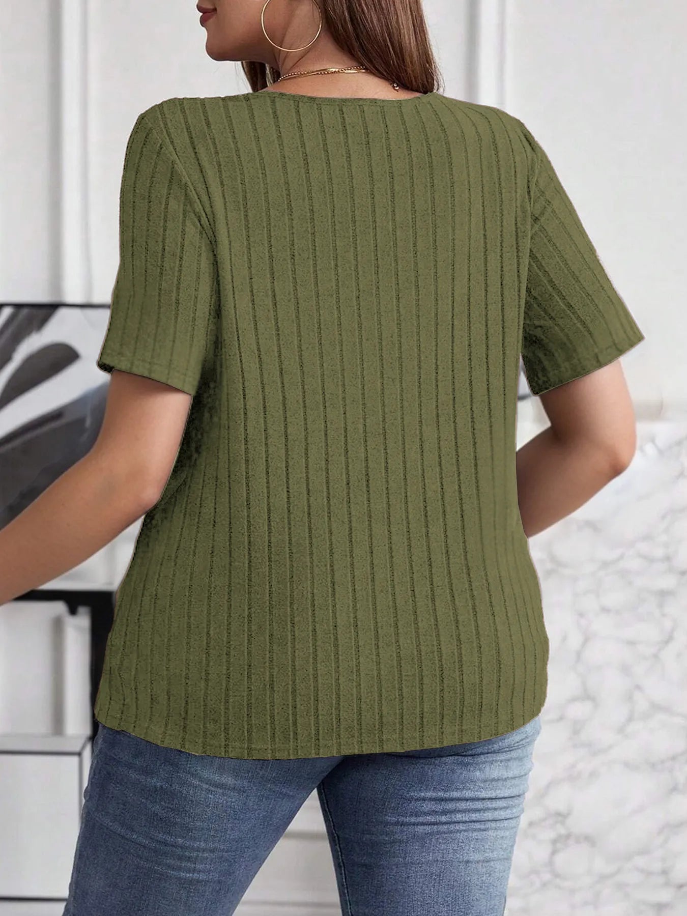 Plus Size V-Neck Short Sleeve Ribbed T-Shirt - Blushé Belle