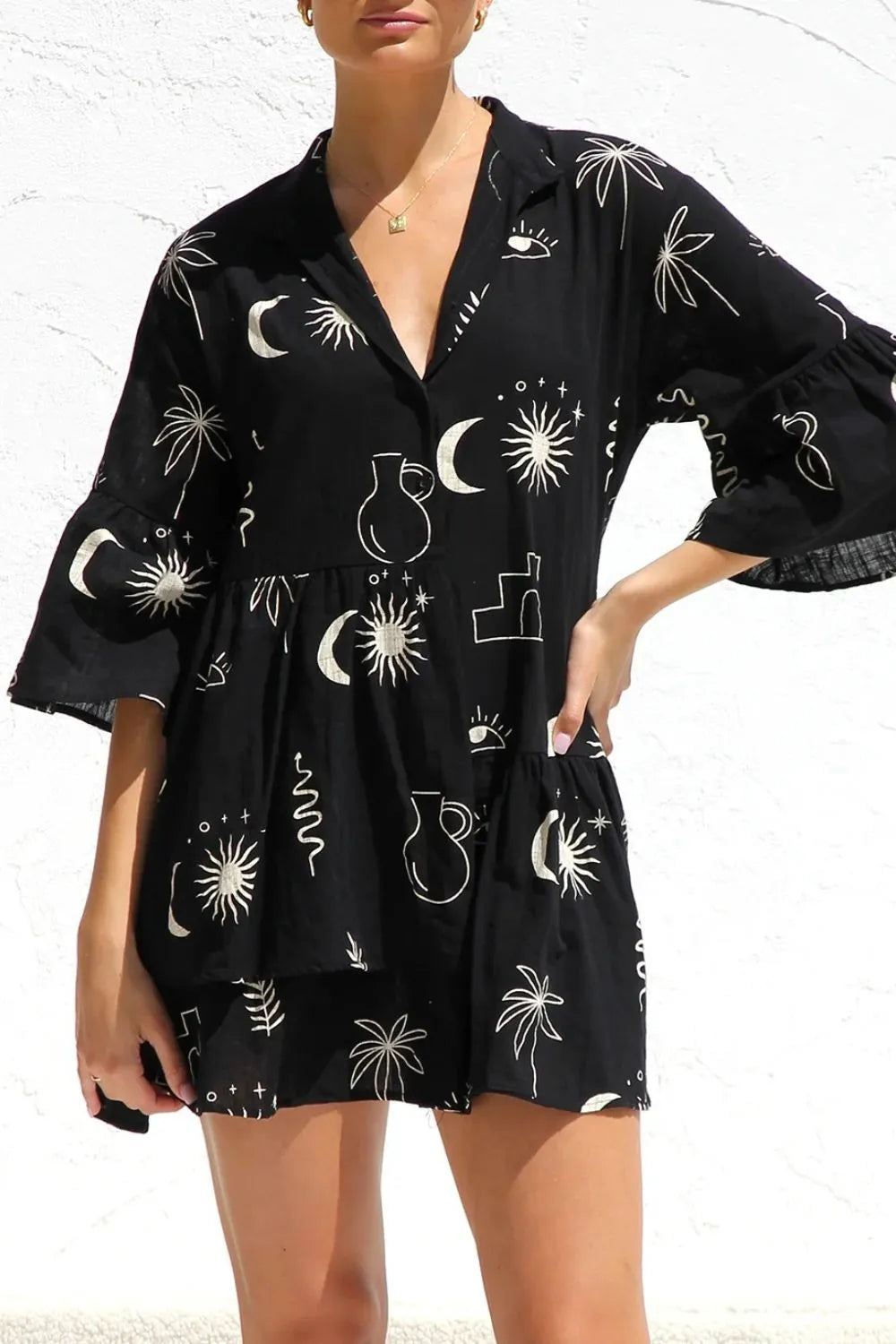 Ruched Printed Three-Quarter Sleeve Mini Dress - Blushé Belle
