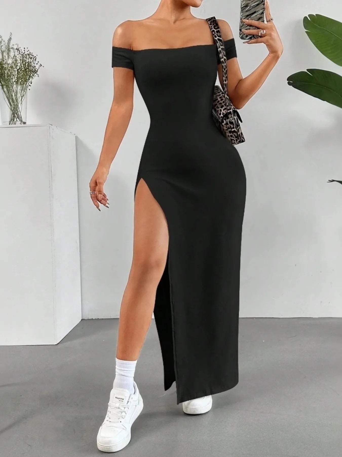 Off-Shoulder High Slit Bodycon Maxi Dress - Blushé Belle