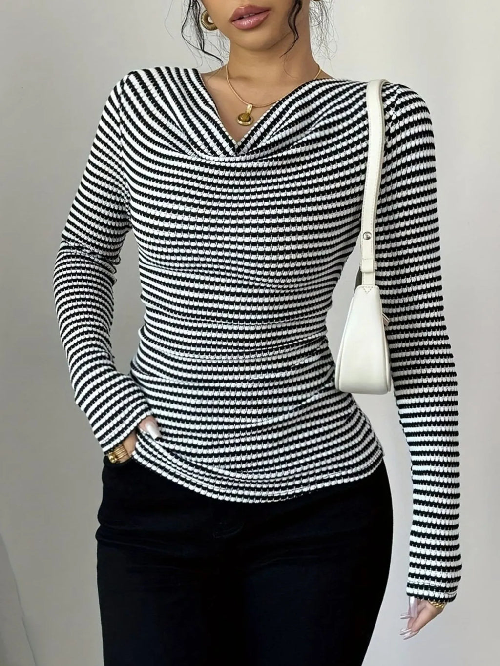 Striped Cowl Neck Long Sleeve T-Shirt - Blushé Belle
