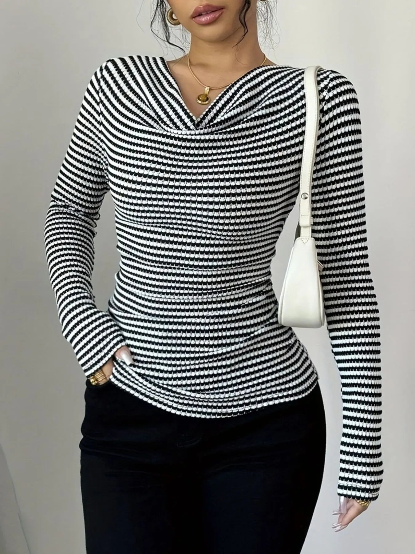 Striped Cowl Neck Long Sleeve T-Shirt - Blushé Belle