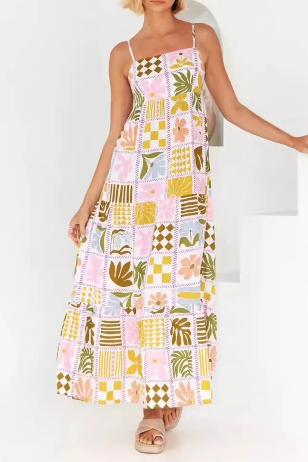 Cutout Back Printed Square Neck Maxi Cami Dress - Blushé Belle