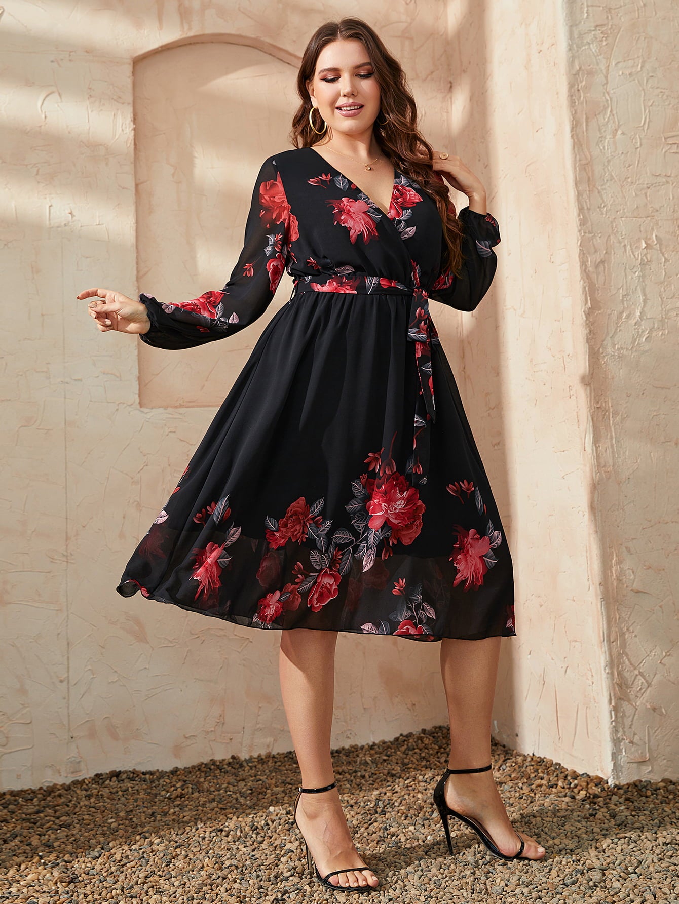 Honey Plus Size Floral Surplice Neck Tie Waist Dress - Blushé Belle