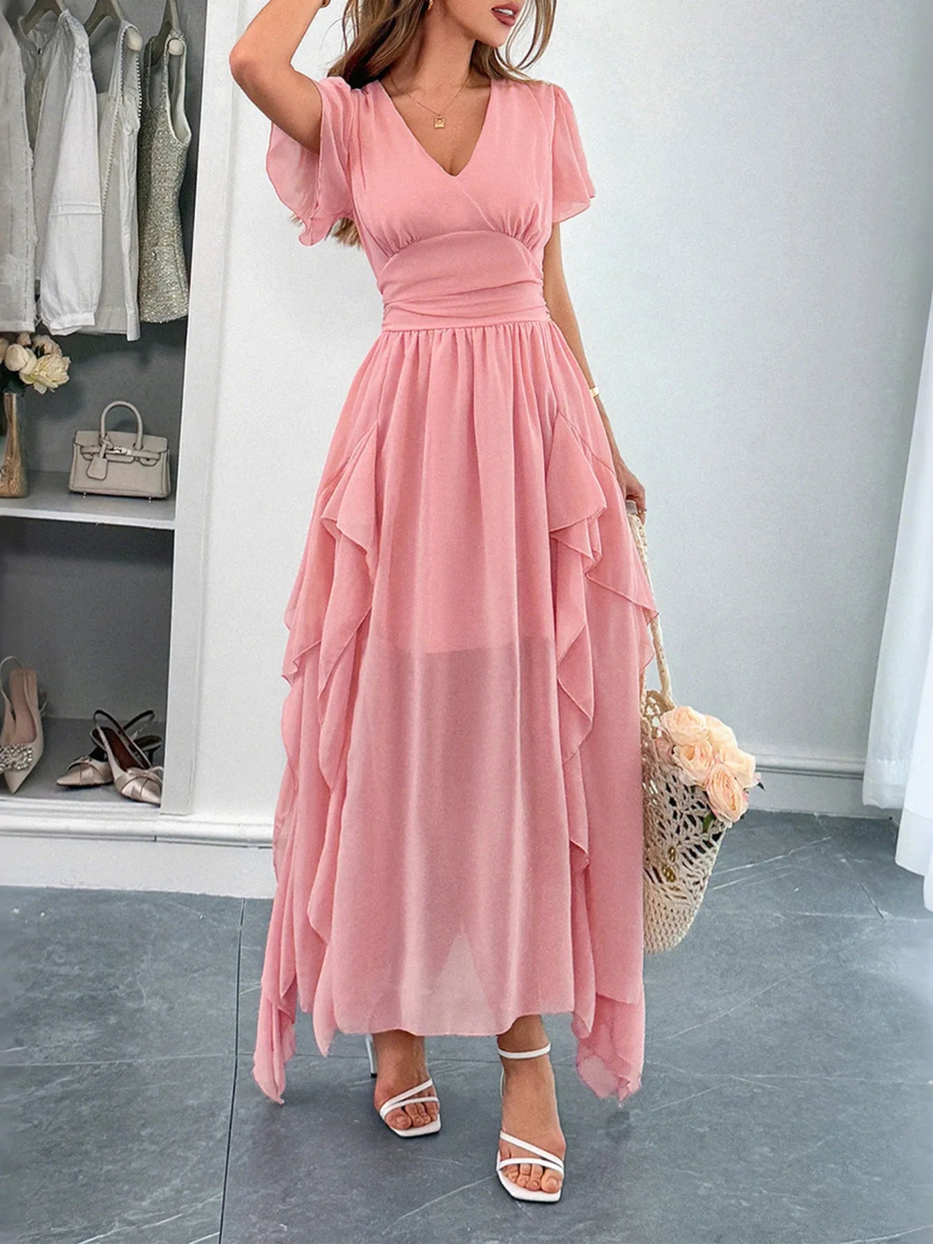 V-Neck Flutter Sleeve Dress - Blushé Belle