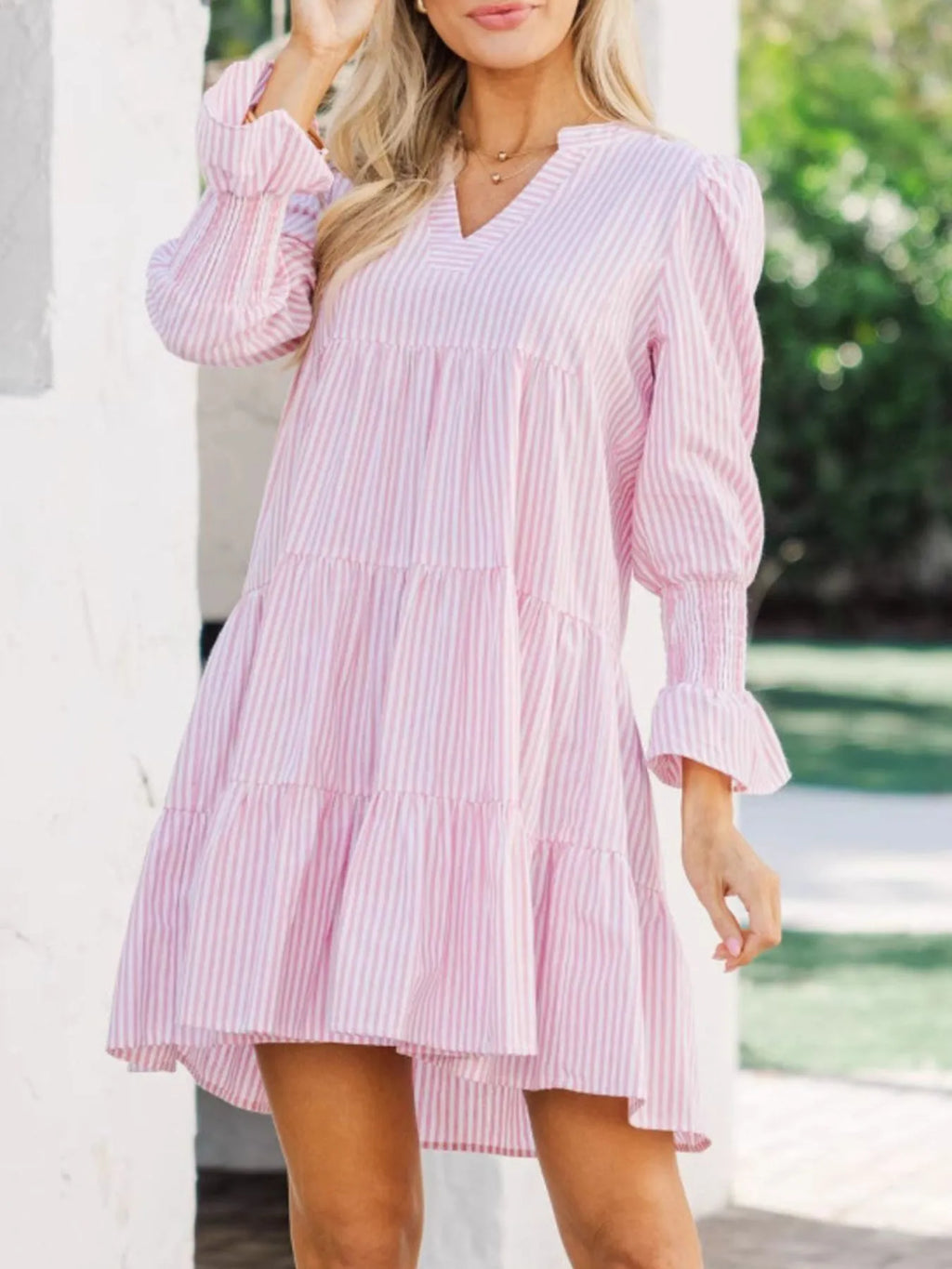 Striped Tiered Flounce Sleeve Shirt Dress - Blushé Belle
