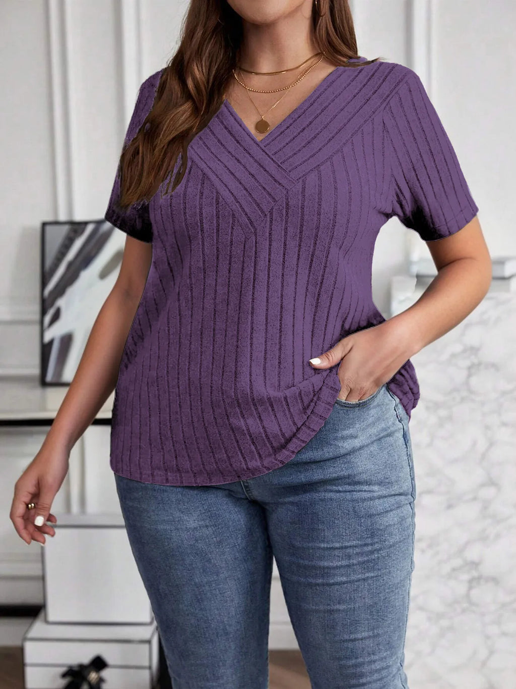 Plus Size V-Neck Short Sleeve Ribbed T-Shirt - Blushé Belle