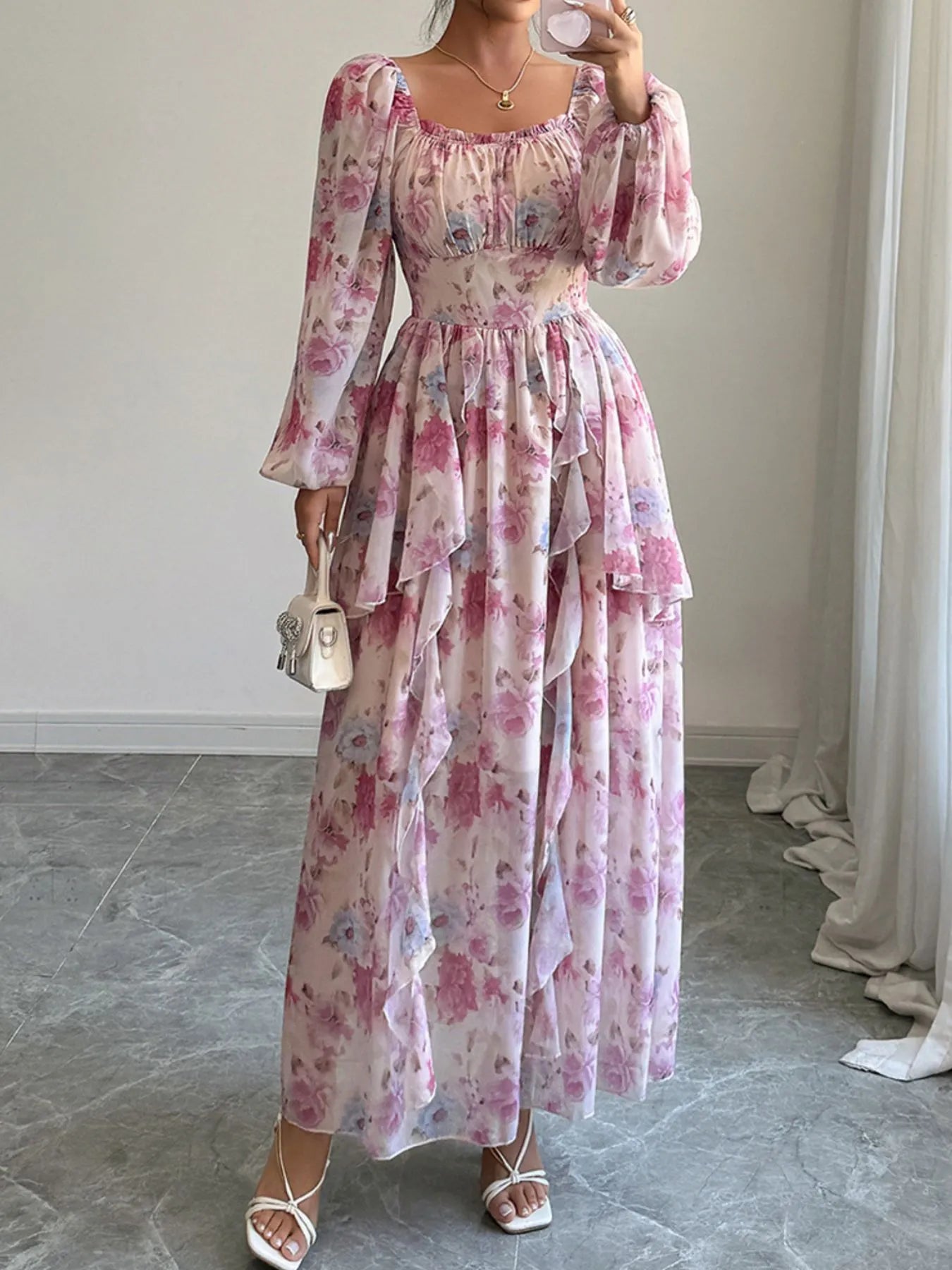 Ruffled Floral Print Balloon Sleeve Maxi Dress - Blushé Belle