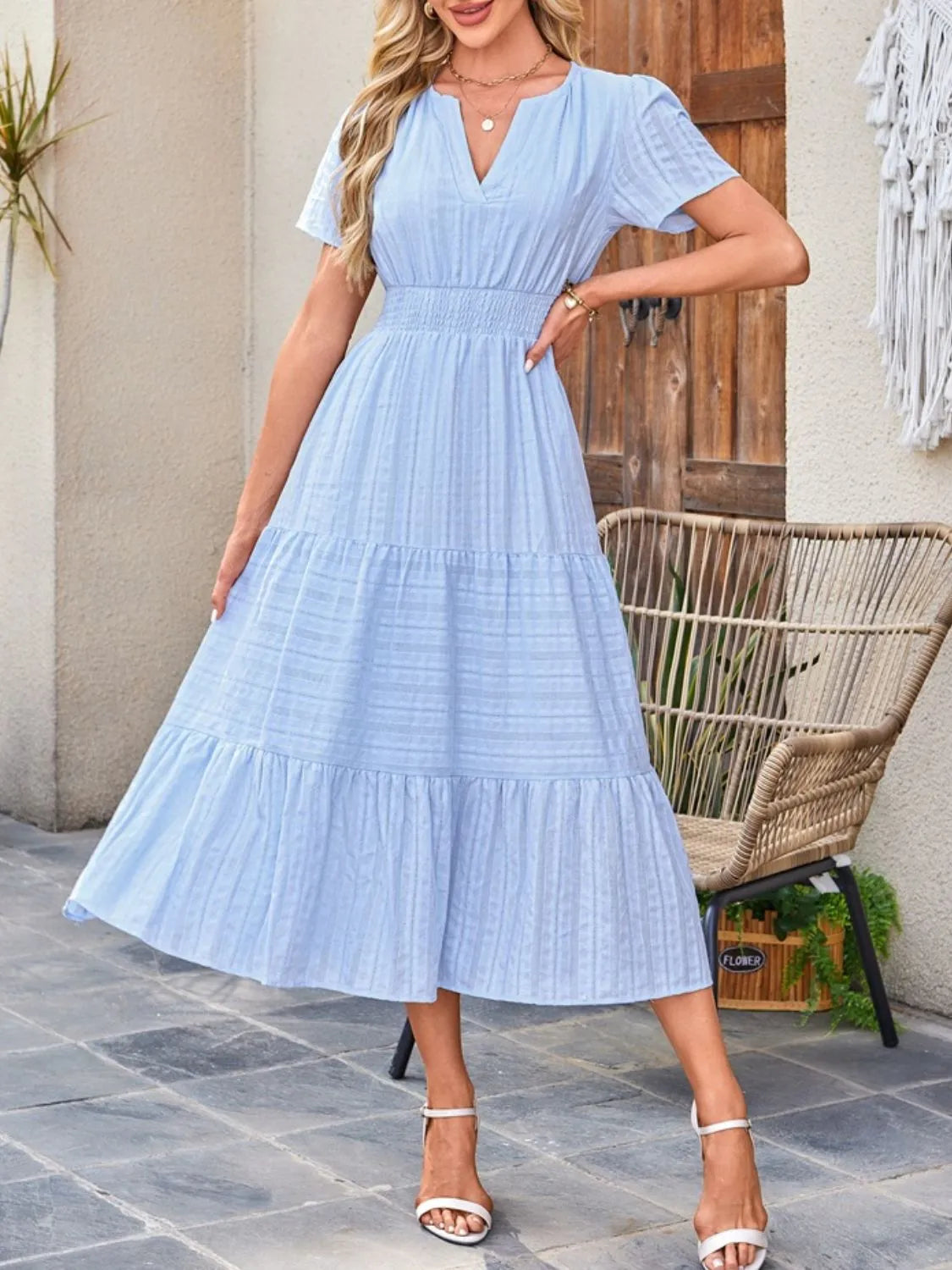Tiered Notched Short Sleeve Dress - Blushé Belle