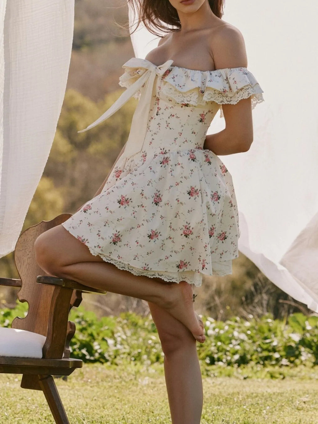 Off-Shoulder Floral Lace Trim Mini Dress - Blushé Belle