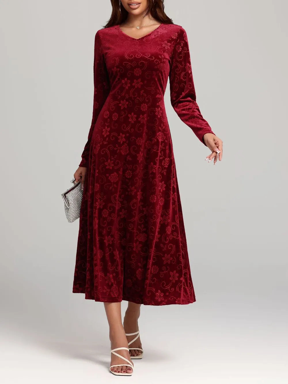 Flower Print V-Neck Long Sleeve Midi Dress - Blushé Belle