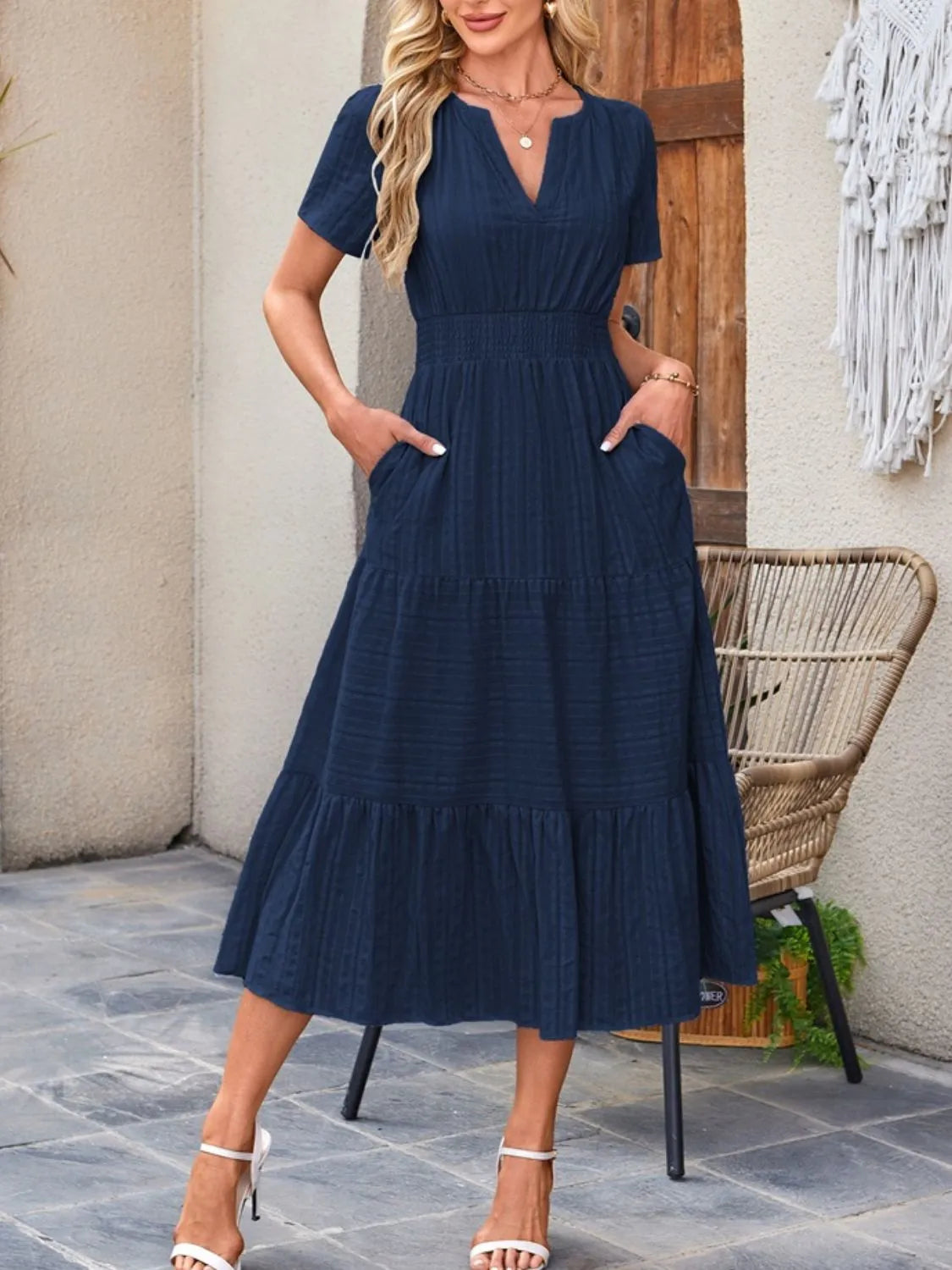 Tiered Notched Short Sleeve Dress - Blushé Belle
