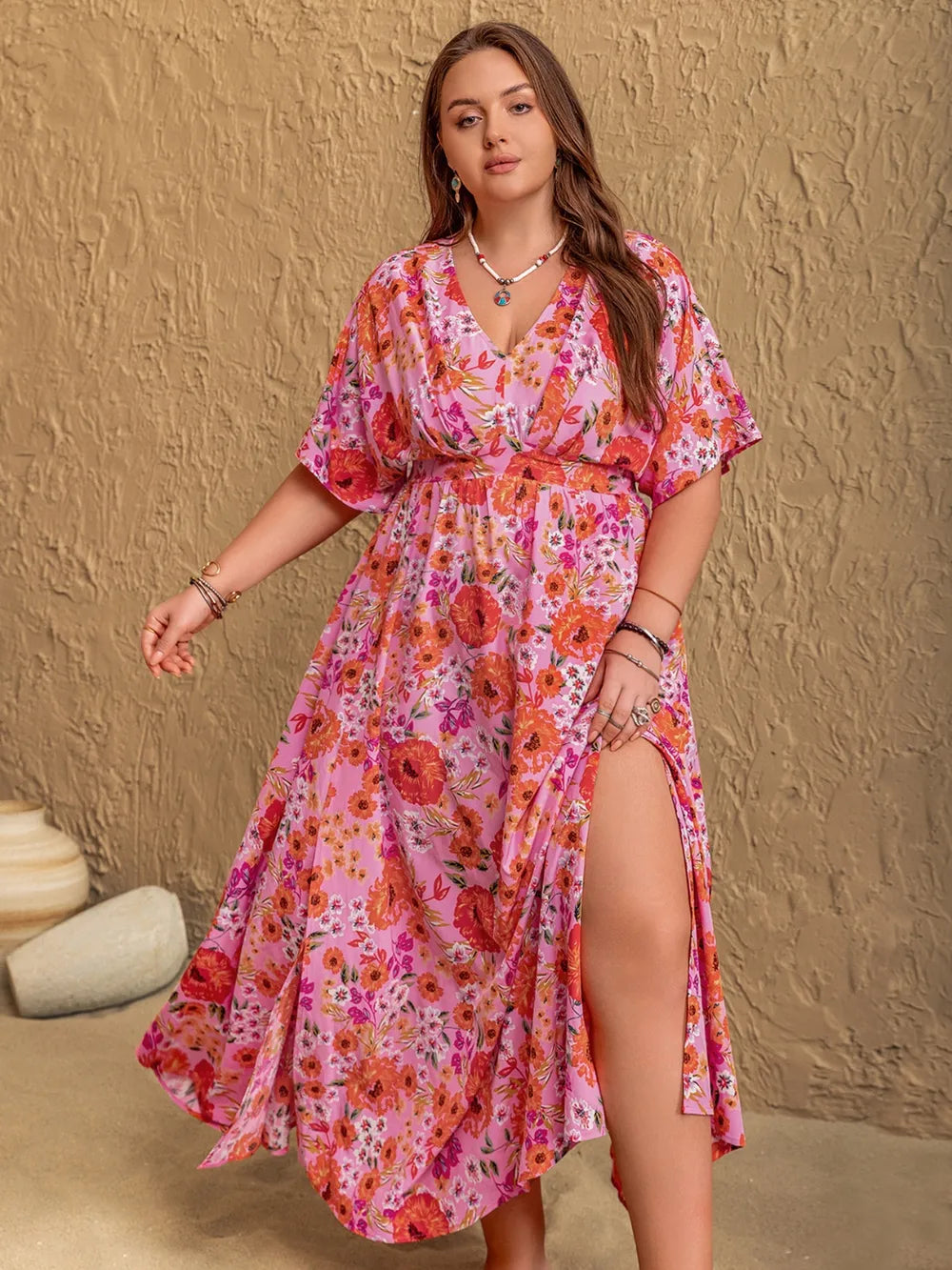 Plus Size Slit Floral V-Neck Half Sleeve Maxi Dress - Blushé Belle