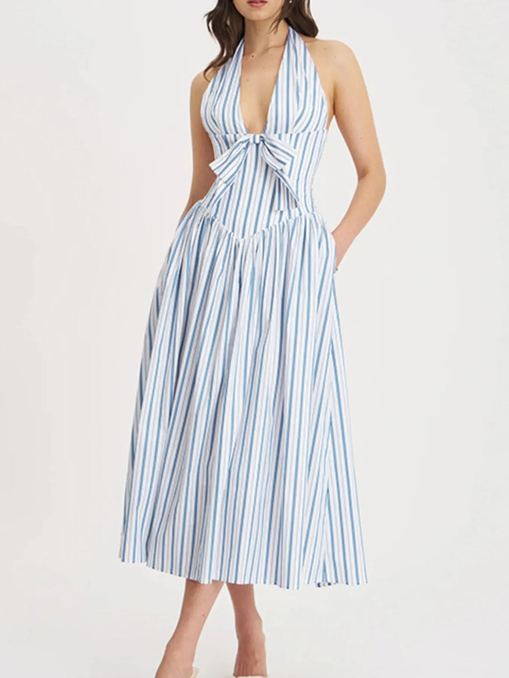 Striped Halter Neck Midi Dress with Tie Front Detail - Blushé Belle
