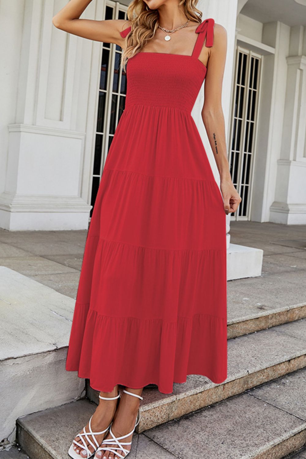Tie-Shoulder Smocked Tiered Dress - Blushé Belle