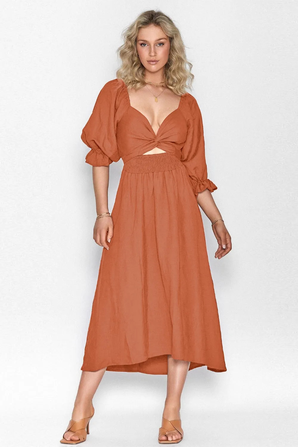 Smocked Tied Flounce Sleeve Midi Dress - Blushé Belle