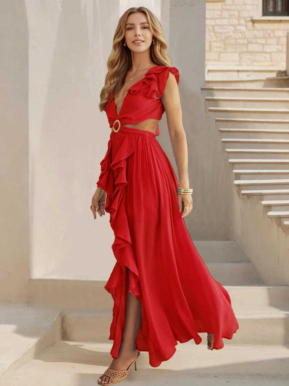 Cutout Ruffled Cap Sleeve Maxi Dress - Blushé Belle