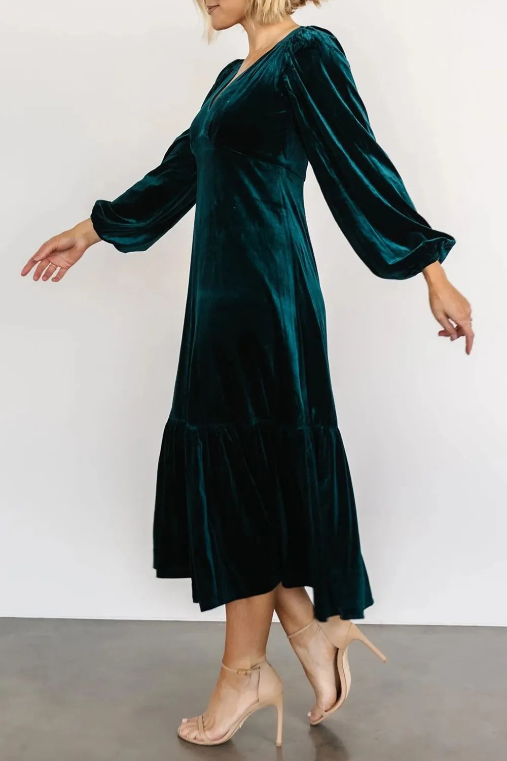 V-Neck Long Sleeve Midi Velvet Dress - Blushé Belle