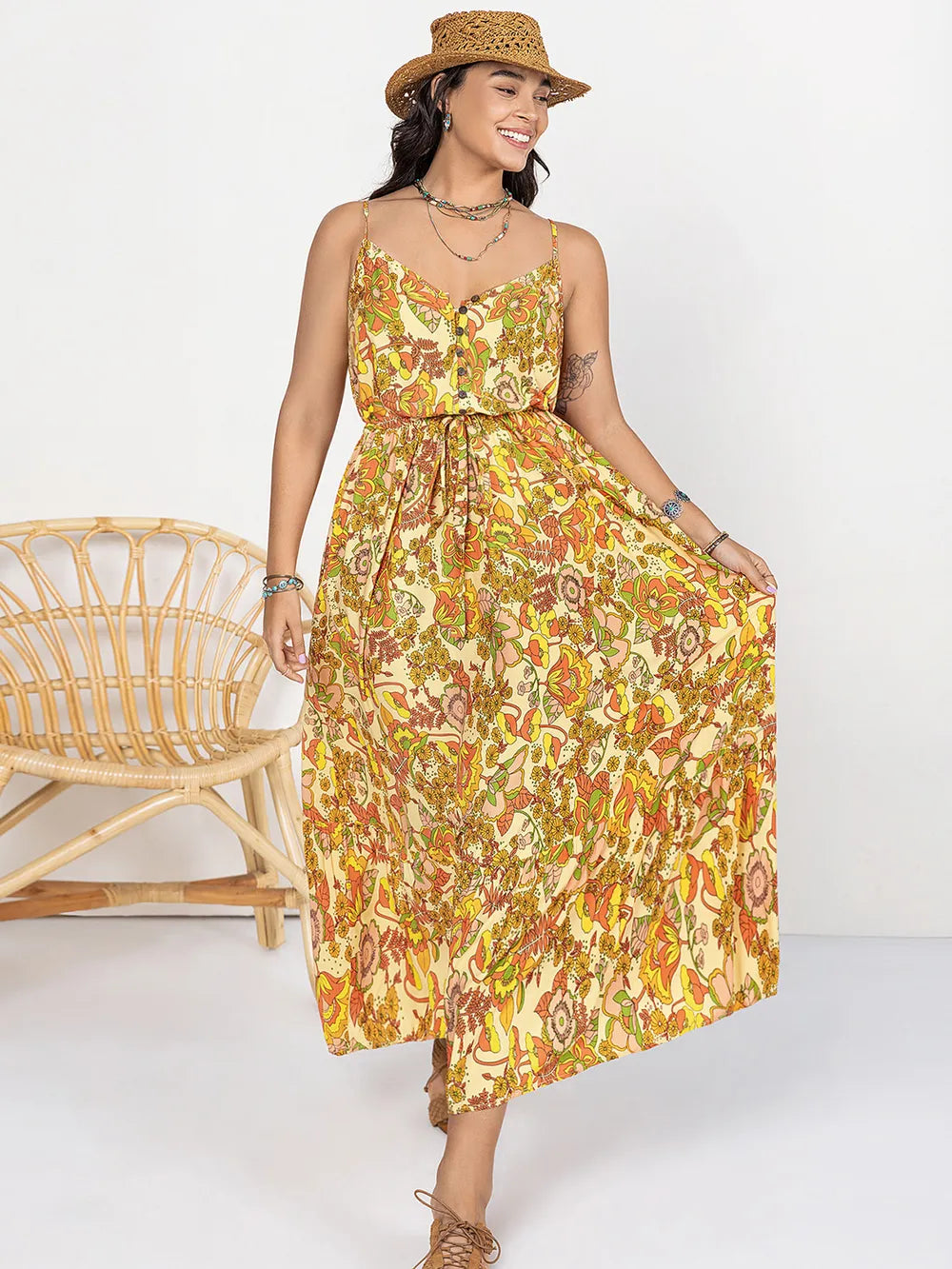 Plus Size Printed V-Neck Maxi Cami Dress - Blushé Belle