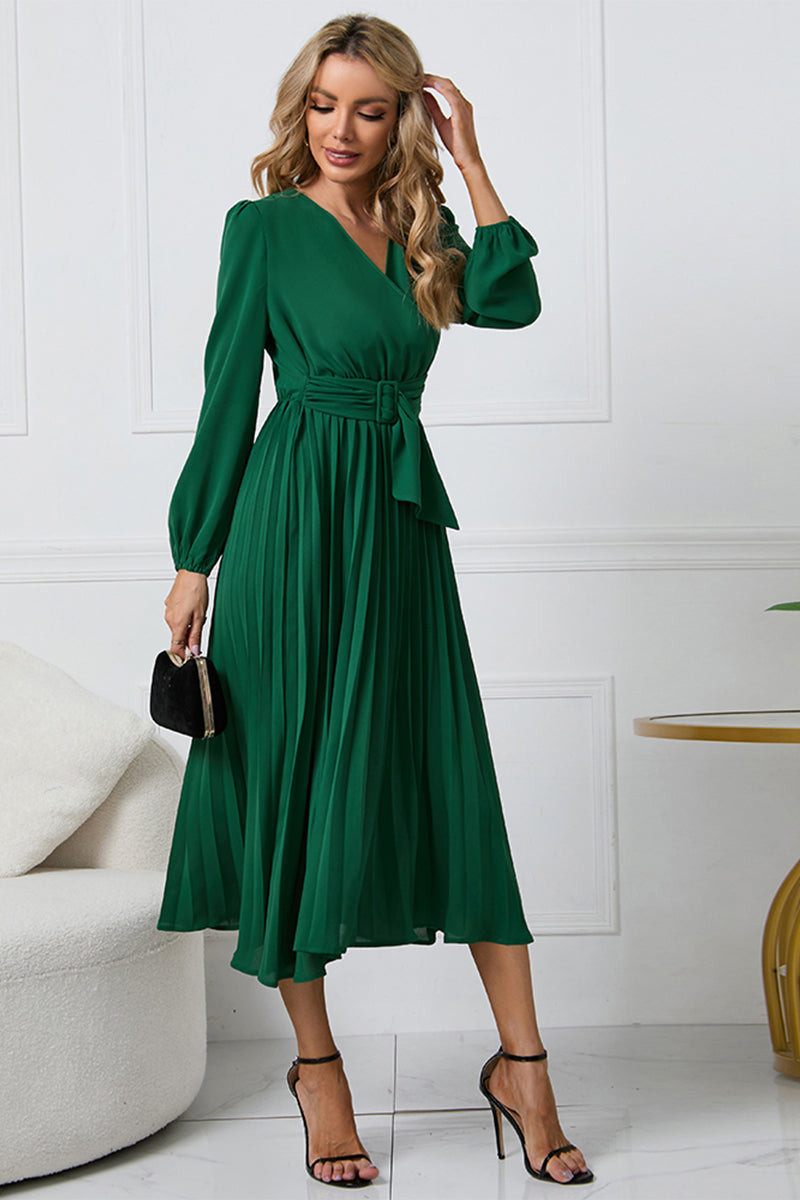 V-Neck Long Sleeve Tie Waist Midi Dress - Blushé Belle