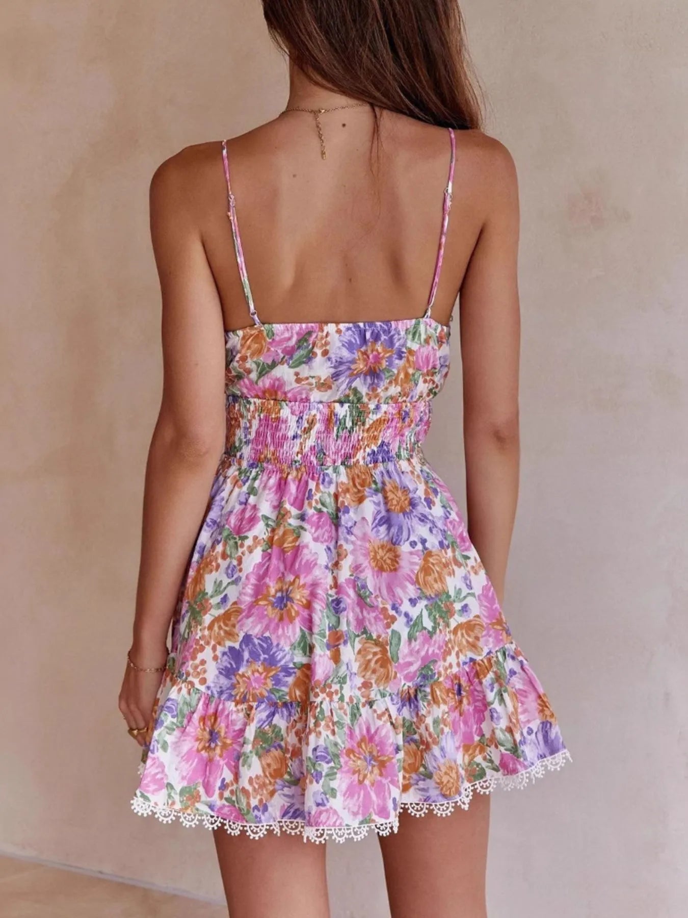 Floral Print Tie-Front Cami Dress with Lace Trim - Blushé Belle