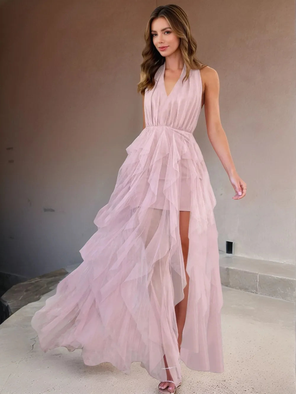 Halter Neck Irregular Mesh Dress - Blushé Belle