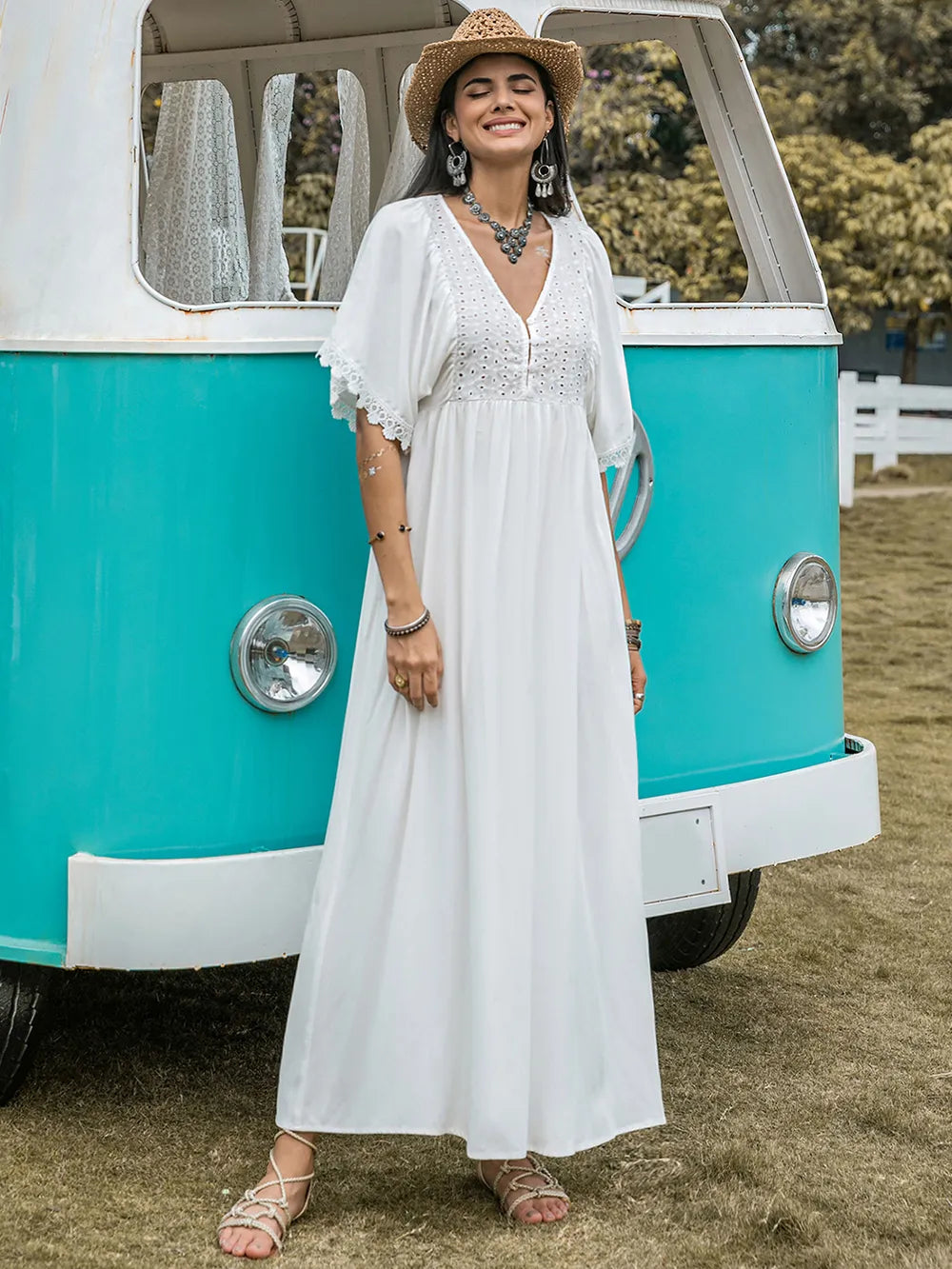 Lace Detail Eyelet V-Neck Half Sleeve Dress - Blushé Belle