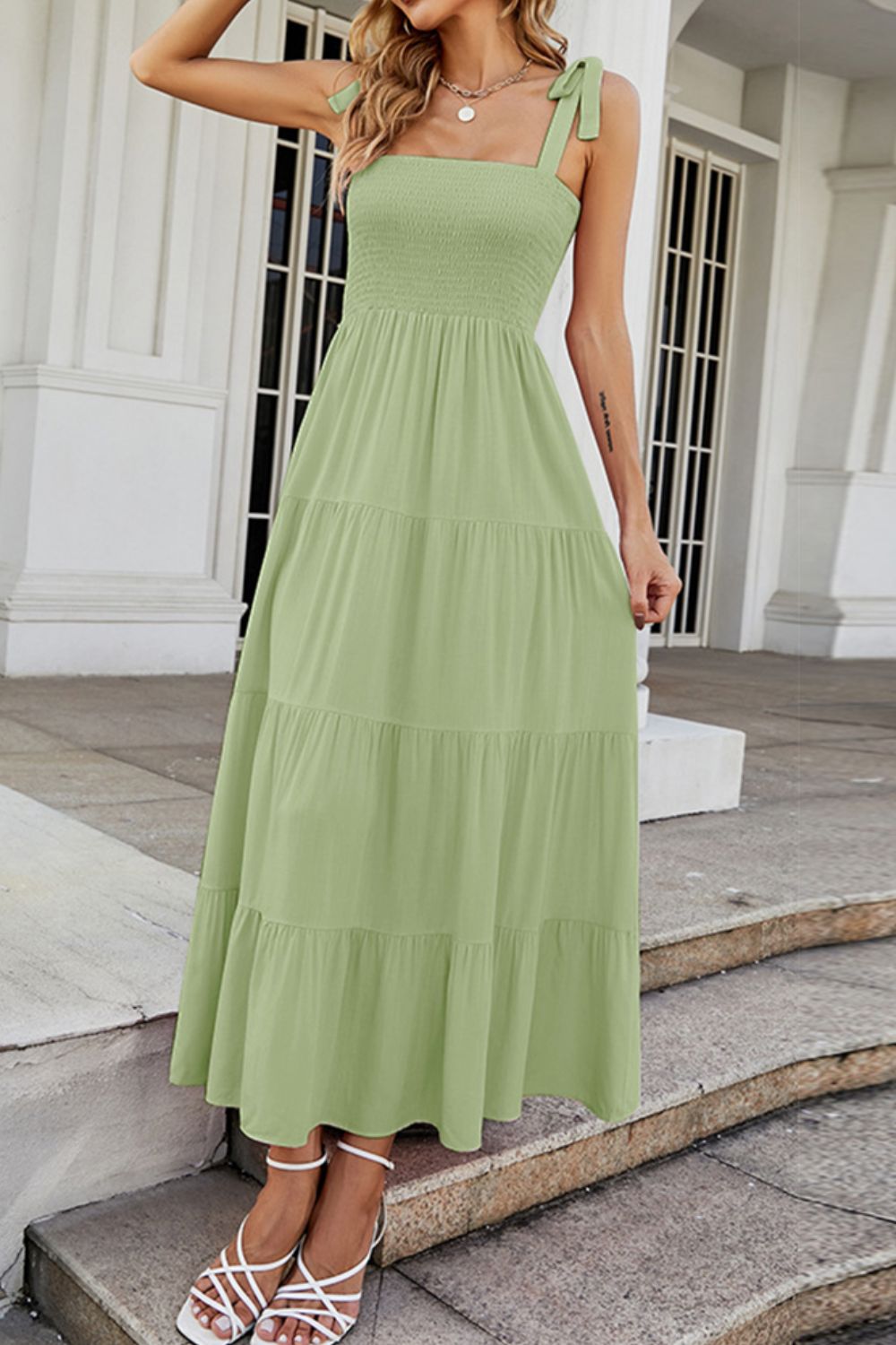 Tie-Shoulder Smocked Tiered Dress - Blushé Belle