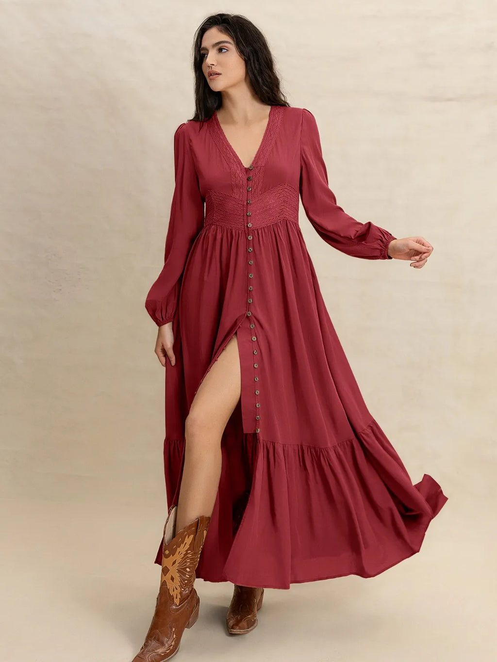 V-Neck Balloon Sleeve Ruffled Hem Maxi Dress - Blushé Belle