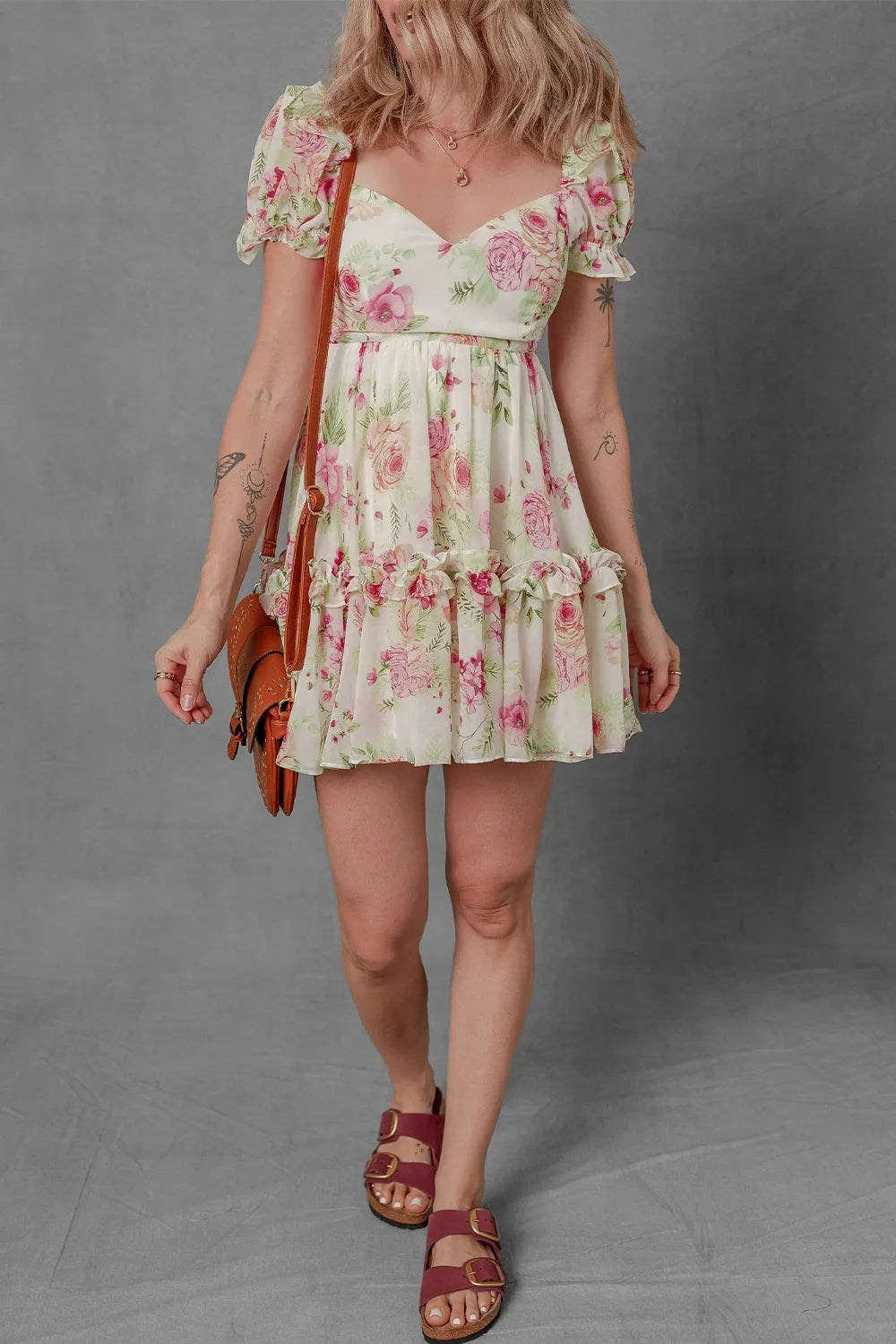 Floral Bubble Sleeve Sweetheart Neck Ruffle Mini Dress - Blushé Belle