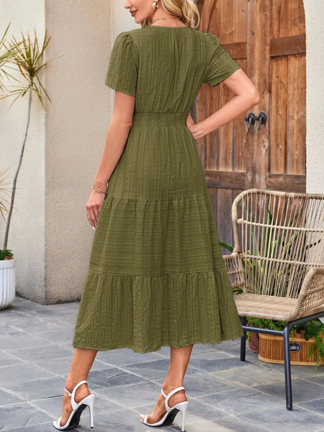 Tiered Notched Short Sleeve Dress - Blushé Belle