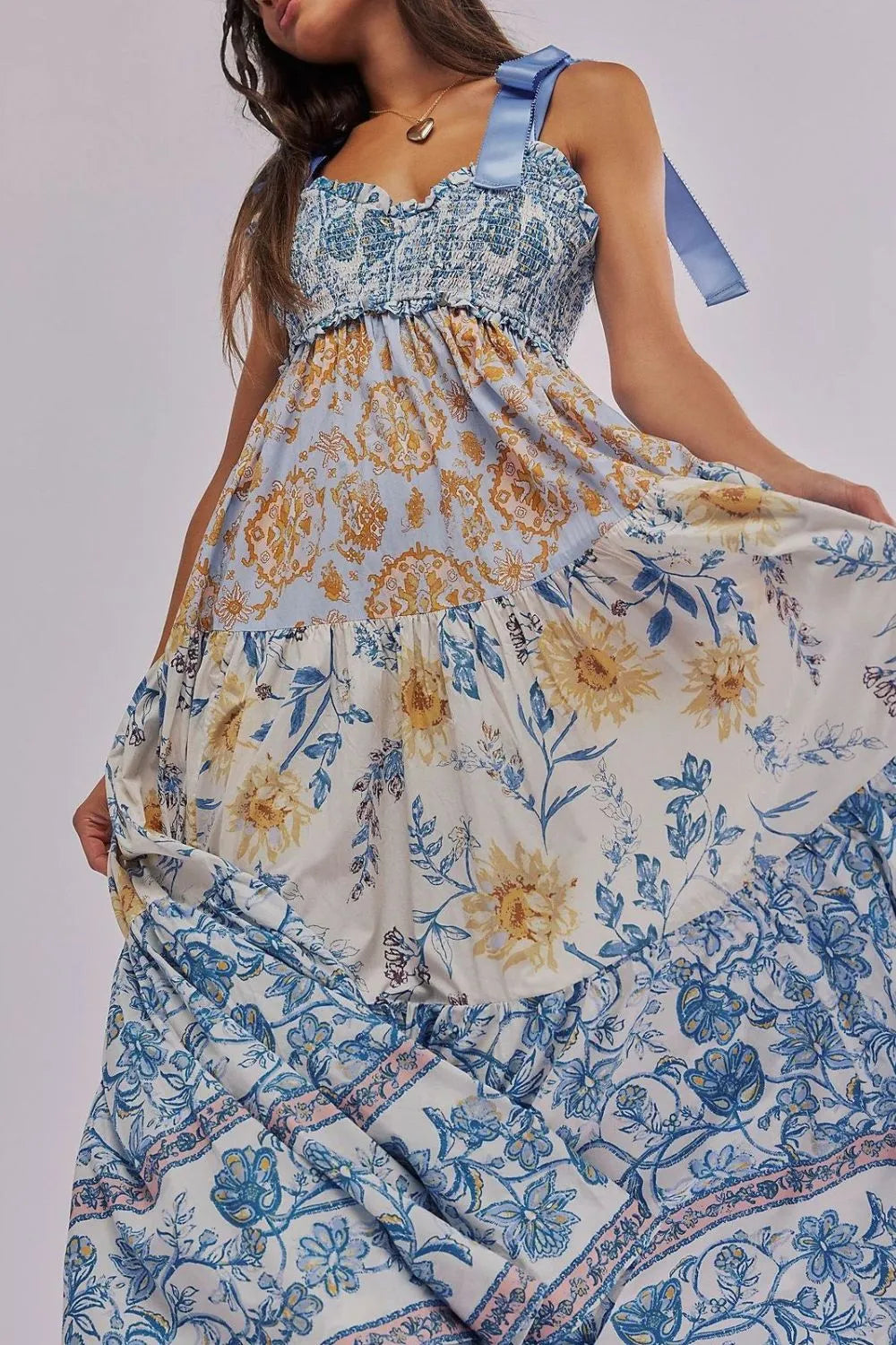 Floral Tiered Maxi Dress with Mixed Print Design - Blushé Belle