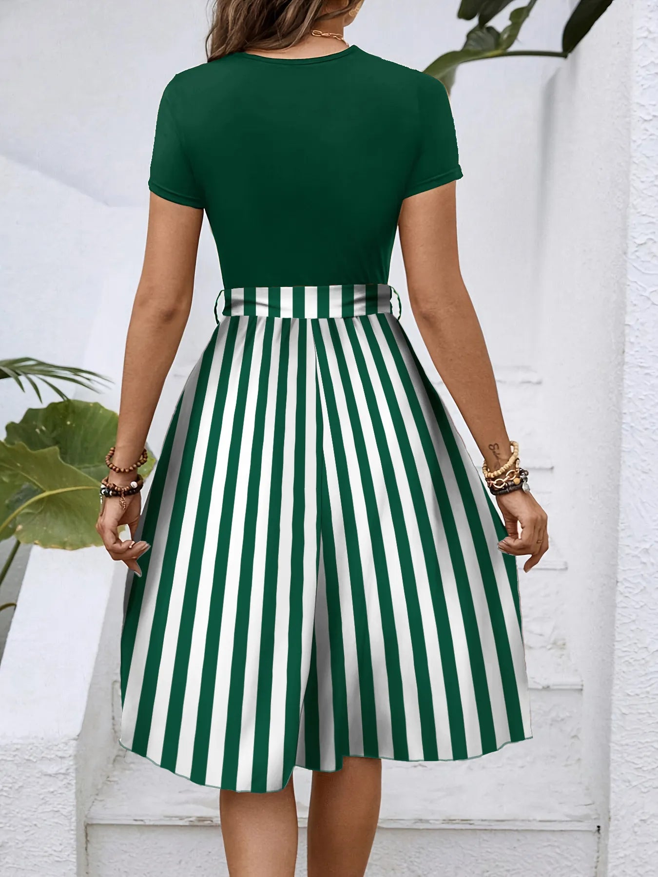 Striped Round Neck Short Sleeve Dress - Blushé Belle