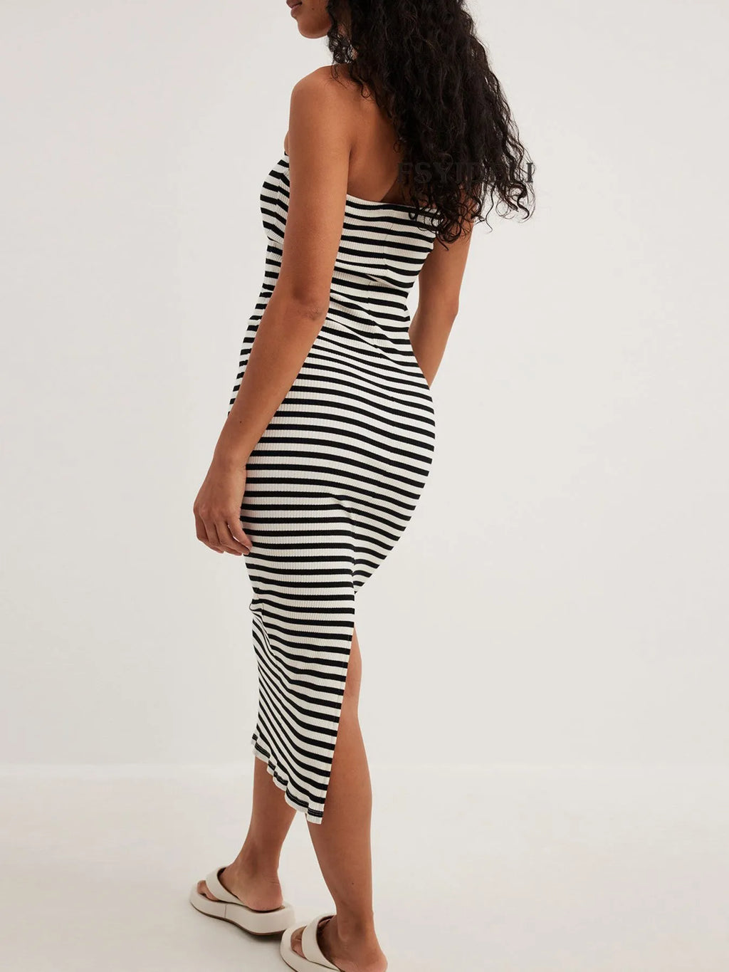 Slit Back Striped Strapless Bodycon Midi Dress - Blushé Belle