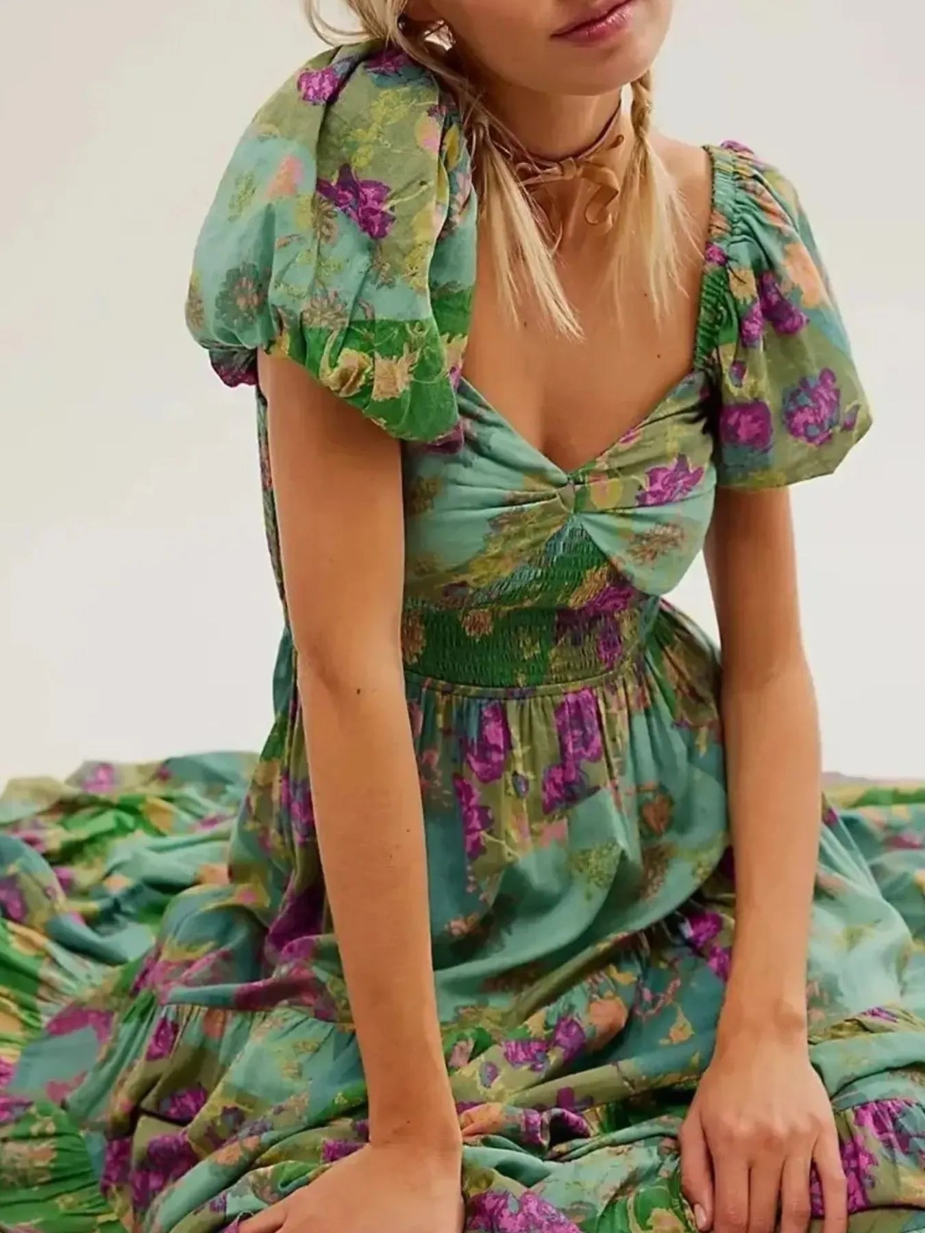 Printed Sweetheart Neck Puff Sleeve Maxi Dress - Blushé Belle
