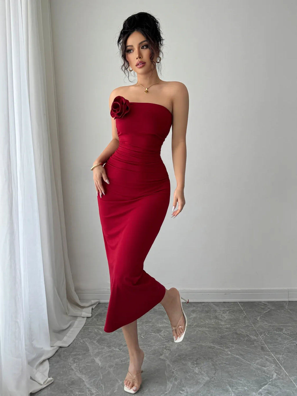 Slit Back Flower Tube Midi Dress - Blushé Belle