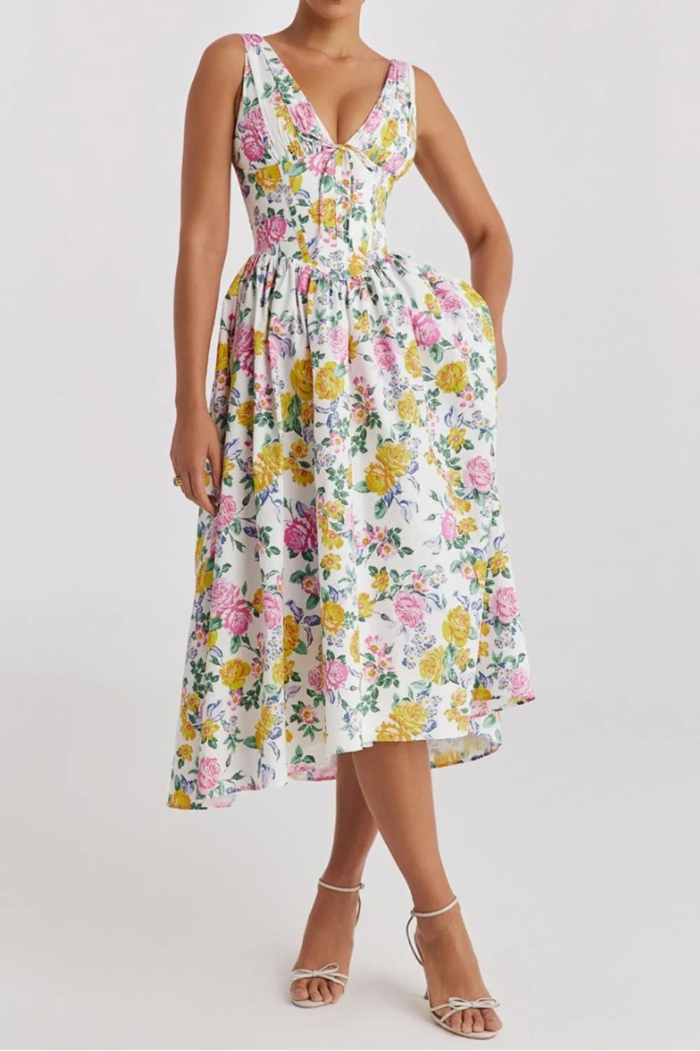 Floral V-Neck Sleeveless Midi Dress with Pockets - Blushé Belle