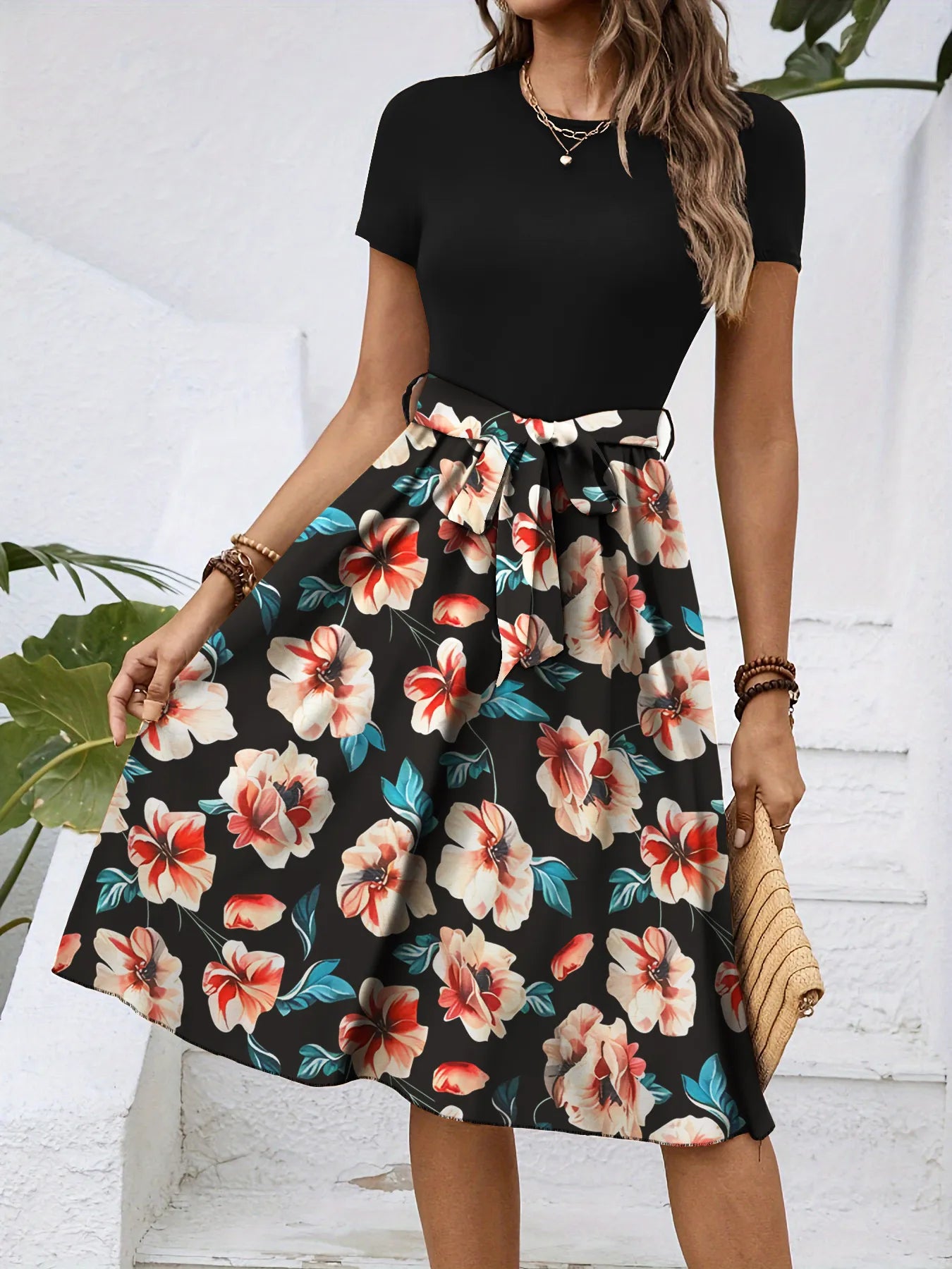 Floral Print Short Sleeve A-Line Dress - Blushé Belle