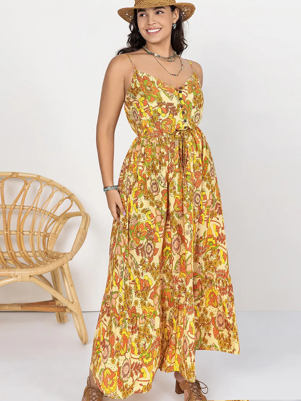 Plus Size Printed V-Neck Maxi Cami Dress - Blushé Belle